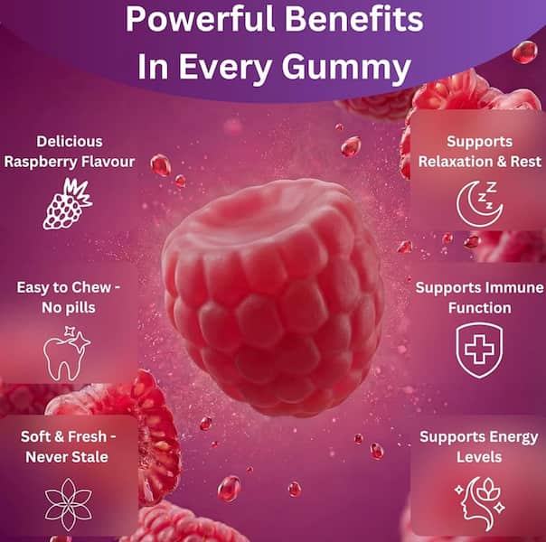 600mg Magnesium Citrate Gummies for Relaxation & Body Support.
Raspberry Flavour • With Blackcurrant Oil • Non-GMO • Gluten-Free • 60-Day Supply